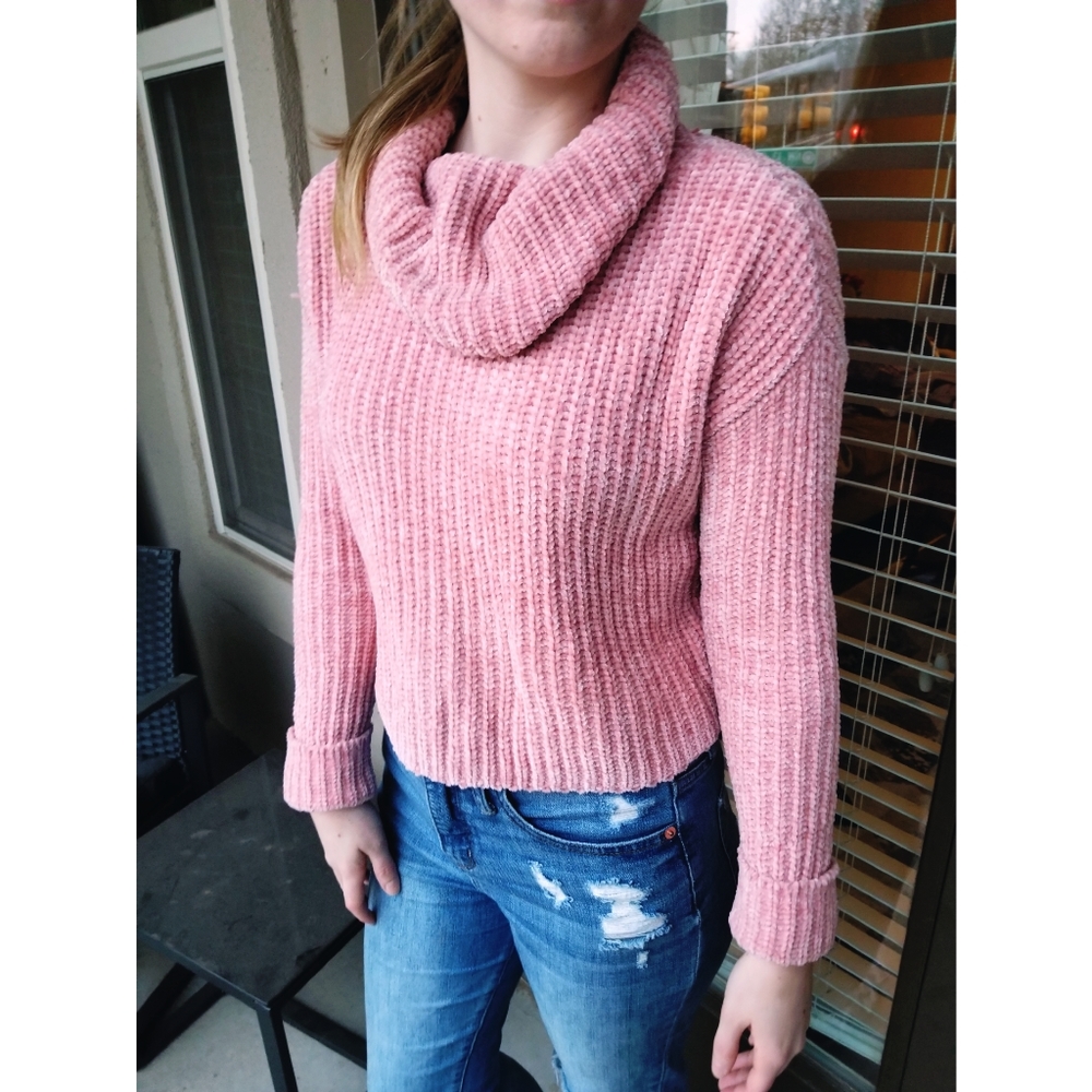 LC Cropped Pink Chenille Cowl Neck Sweater